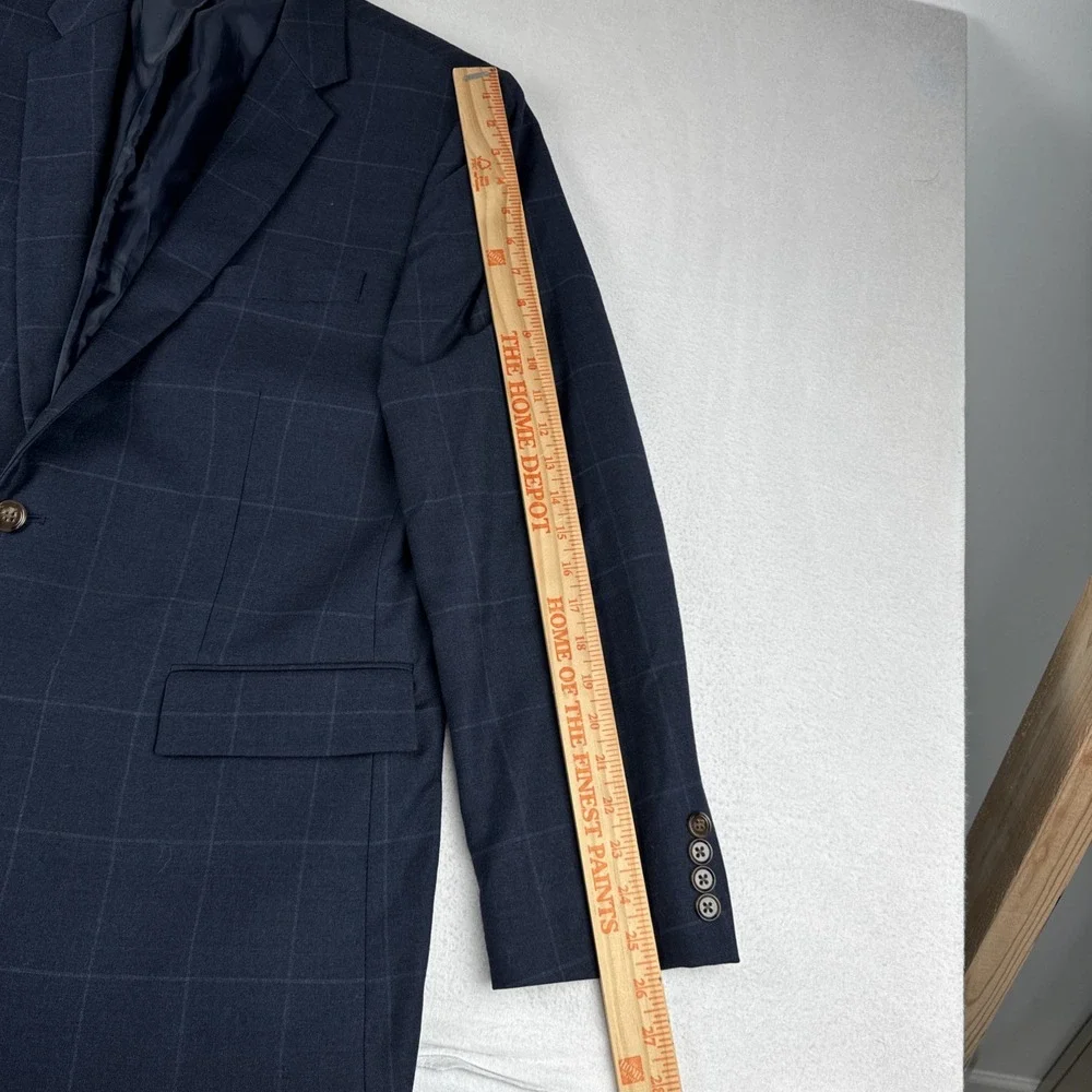J Crew Thompson Mens Navy Windowpane Sport Coat 44R Wool Blend office business
